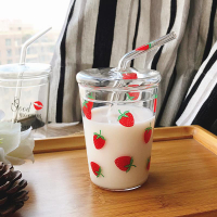 創意小清新草莓玻璃杯帶蓋早餐牛奶杯少女心透明耐熱水杯子吸管杯