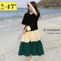連身洋裝--顯瘦多層次視覺拼接撞色蛋糕裙擺圓領短袖連身裙(綠M-3L)-D600眼圈熊中大尺碼