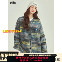 可打統編 F426國潮牌秋季美式情侶男女針織寬松慵懶油畫彩虹色漸變開衫毛衣