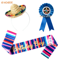 3Pcs Mexican Birthday Party Set Hat Sash Pin Sombreros Headbands for Boys Kids Mexico Fiesta Dress Costume Party Favors Supplies
