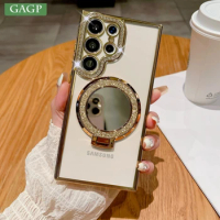 For Samsung S24 Ultra Mirror Magsafe Case for Galaxy S24 Plus Samsung S23 S22 Ultra Luxury Diamond Plating Stand Holder Cover