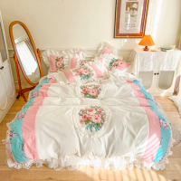 Pastoral Floral Embroidery 100% Cotton Princess Bedding Set Lace Ruffles Quilt/Duvet Cover Set Bed Skirt Bed Linen Pillow Shams