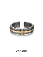 JANENG追岸 925純銀鑲黃銅破壞十字開口戒指復古做舊可調節指環
