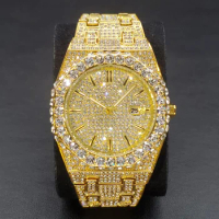 Dropshipping Men Watch Cool Diamond Ice Out Gold Quartz Wristwatch Luxury Fashion Rhinestone Stainles Steel Waterproof Clock Man