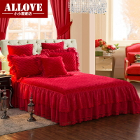 大紅婚慶水晶絨床裙三件套蕾絲夾棉床罩純色結婚冬天加厚床群