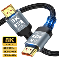HDMI 2.1 8K Kabel Ultra Digital HD UHD Kepang Tinggi Bersertifikat 48Gbps 8K@60Hz Kabel Untuk Monitor TV Box PS5 Laptop