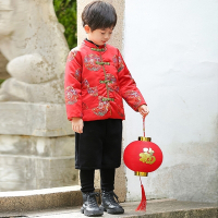 彩雲福字刺繡棉襖+假2件內搭褲 套裝 長袖上衣 褲子 拜年服 大紅 過年 新年 唐裝 中國風 保暖 男童 兒童 童裝 橘魔法 現貨【BB7138】