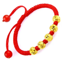 New Pure 999 24K Yellow Gold Women Carved Bead Knitted Bracelet Adjustable