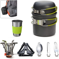2024 Portable Camping Cookware Set Outdoor Pot Mini Gas Stove Sets Nature Hike Picnic Cooking Set With Foldable Spoon Fork Knife