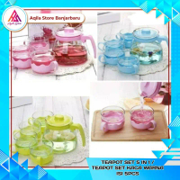 Tea Pot Set 5in1 Saringan Hitam Dengan Saringan / Teko Set Kaca Isi 5pcs Warna / Teapot Kaca Hitam  