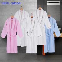 100% Pure Cotton Plain Color Bathrobe Robe Unisex Plus Size Pajamas Sauna Clothes Home Dressing Gown Waffle Nightshirt Sleepwear