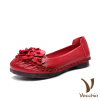 【Vecchio】真皮跟鞋 牛皮跟鞋 低跟跟鞋/真皮頭層牛皮手工立體串花舒適低跟單鞋(紅)