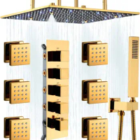 Polished Gold LED Rain Shower Head System 16 Inch Ceiling 4 IN 1 Shower Set Full Body Massage Multi Shower Faucet Set