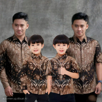 TERBARU BATIK KERIS LENGAN PANJANG DAN PENDEK KEMEJA PRIA DEWASA ANAK LAKI LAKI WARNA COKLAT