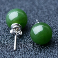 碧玉簡單款耳釘 圓珠8mm綠色和田玉珠子 925純銀鑲嵌耳墜子