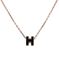 HERMES Mini Pop金屬琺瑯H字LOGO立體簍空設計鉤扣項鍊(玫瑰金x黑)