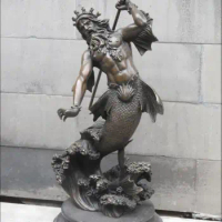 14" Greco ART Greek mythology Bronze STATUE SEA King Poseidon Sculpture Garden Decoration 100% real Brass Bronze