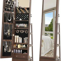 360° Swivel Full Length Mirror Jewelry Cabinet Standing With Built - 63.7”H Armoire With Mirror &amp; 3 Drawers, Lockable Storage