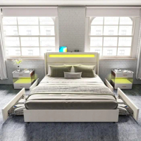King Size Bed Frame With RGBW LED Lights Headboard &amp; 4 Storage Drawers, Upholstered Smart Platform Bed With USB &amp; USB-C Ports