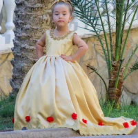 Gold Satin Puffy Flower Girl Dress for Wedding O Neck Crystals Fluffy Ball Gown First Communion Dress Party Gown