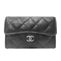 【CHANEL 香奈兒】AP0214 經典雙C銀LOGO 菱格紋牛皮扣式零錢包/卡片夾(黑色)