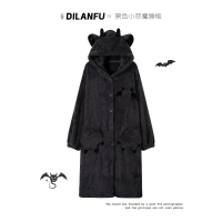 Couple Black Little Devil Coral Fleece Pajamas for Women, Autumn and Winter Thickened and Lined, Men