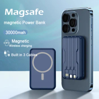 Magnetic Wireless Power Bank 30000mAh Portable Magsaf Powerbank Fast Charger Built in Cable For iPhone 15 13 Xiaomi Battery Pack