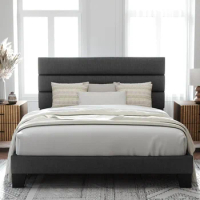 Queen Size Platform Bed Frame with Fabric Upholstered Headboard and Wooden Slats Support, Fully Upholstered Mattress Foundation