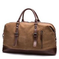 Canvas Travel Bag Men PU Leather Outdoor Luggage Travel Fitness Photography Bag Large Capacity Handbag Shoulder Backpack Male