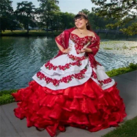 Mexican Style White With Red Quinceanera Dress 2023 Off Shoulders Ball Gowns Beaded Tiered Ruffle 15 Birthday Party Dress Charro