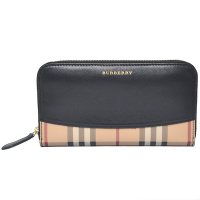 BURBERRY 巴寶莉  MAYMARKET 經典戰馬格紋及皮革繞式拉鍊皮夾(經典色/黑皮革/39343891)