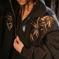 Ascetic Monk High Street Bamboo Leaves Embroidery Heavy Work Hooded Cardigan Coats Sukajan Souvenir Jacket Streetwear All-Mat