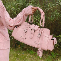 JBTP Vintage Biker Shoulder Bag Y2k Hippie American Street Style Heart Rivets Pink Handbag New Advanced Leather Designer Bags