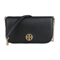 TORY BURCH Chelsea圓形立體雙TLOGO荔枝紋設計牛皮6卡吸扣翻蓋小斜背包(黑)