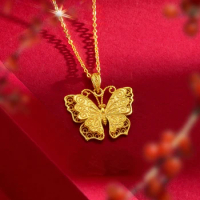 Real 18K Gold Gold Hollow Butterfly Necklace Lavicle Chain for Women Bride Pure 999 Chains Fine Jewelry Gifts