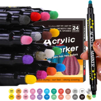 24 Colors Acrylic Paint Markers Pens Colored Dual head Brush/Round Tip for Kids DIY Christmas Painting Rock Metal Ceramic Wood