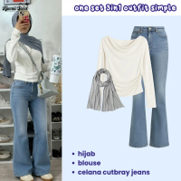 3in1 One Set Blouse Longsleeve Kerut Korean Style Celana Cutbray Hijab Pashmina Ceruty Wanita 349