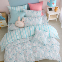 鴻宇 四件式雙人加大兩用被床包組 300織 眠眠兔藍 美國棉授權品牌 台灣製2225