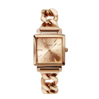 【GUESS】玫瑰金色系 時尚方型 牛仔鍊式不鏽鋼錶帶 手錶 女錶 情人節(W1029L3)