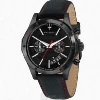 【MASERATI 瑪莎拉蒂】MASERATI手錶型號R8871627004(黑色錶面黑錶殼黑紅色真皮皮革錶帶款)