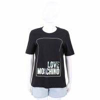 LOVE MOSCHINO 霓彩字母皮革邊框彈性棉黑色短袖TEE T恤