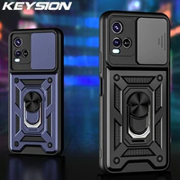 KEYSION Shockproof Case for VIVO Y21 Y21S Y33S Push Pull Camera Protection Ring Stand Phone Back Cover for VIVO V21 5G V21E 4G