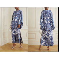 African printed tonal blue color Resort wear silk kaftan for women casual dress