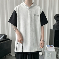 黑白拼色連帽短袖t恤男夏季日系潮牌設計感小眾七分半袖薄款短袖