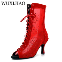 WUXIJIAO Jazz shoes Latin dance shoes women Latin salsa girls casual shoes RED rhinestone shoes