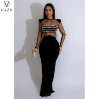 VAZN 2023 New Luxury Designer Young Sexy Club Solid Hotsweet Lace See Through Full Sleeve High Waist Women Long Mermaid Dress