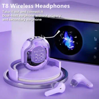 NEW T8 Wireless Bluetooth Headset Transparent ENC Headphones LED Power Digital Display Stereo Sound Earphones for Sports Working