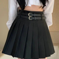 SML woman summer Suit skirts 2023 Korean Style High waist a line mini pleated Skirt Slim Black Skirt womens+Belt (S6310