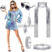 70s Disco Women Costume Outfit and Accessories Shiny Head with Sunglasses Necklace Earrings Bracelet for Stage Performance Party