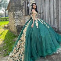 Green Quinceanera Dress Ball Gown Gold Lace Applique Mexican Sweet Vestidos De XV 15 Anos 16 XV Years Old Miss Birthday Mexican